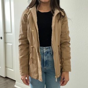 Khaki XS Fur Lined Utility Jacket with Multiple Packets Gold Accents